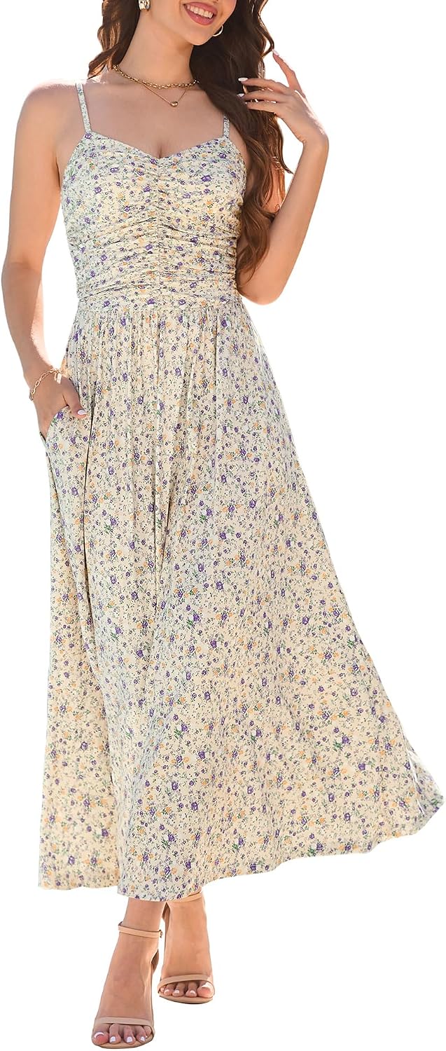 Annebouti Women's Summer Adjustable Spaghetti Strap Ruched Maxi Sun Dress | Dress with Pockets, Lined Bodice, Boho Floral Print, Perfect Summer Dress for Wedding Guest, Beach, Vacation, Resort Wear