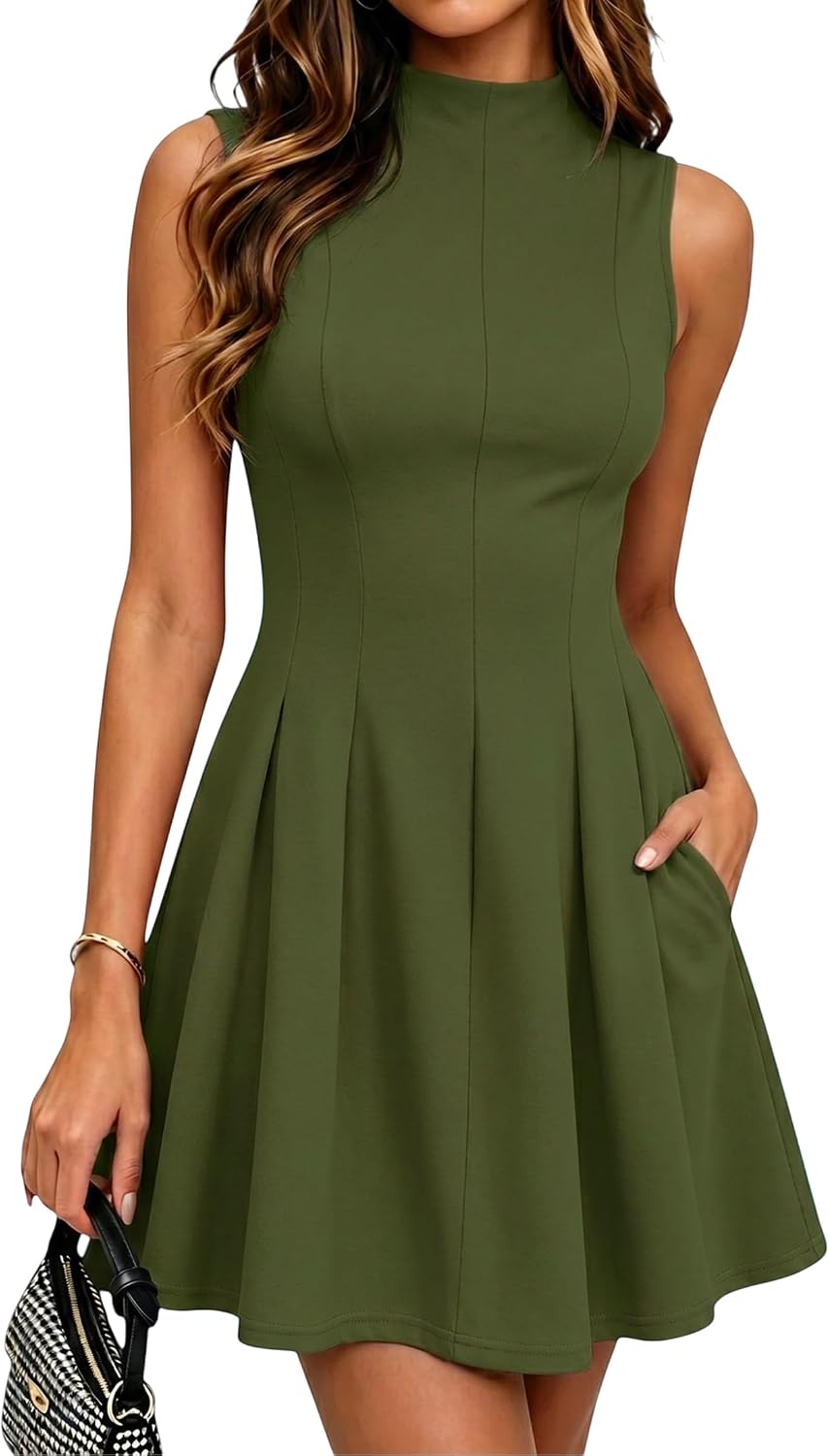 MTGGD Women Sleeveless Graduation Cocktail A Line Short Dress with Pockets | Mock Neck,Fit and Flare,Birthday,Party,Homecoming,Back to School,Club,Date,Business Casual Work Dress,Fashion,Trendy