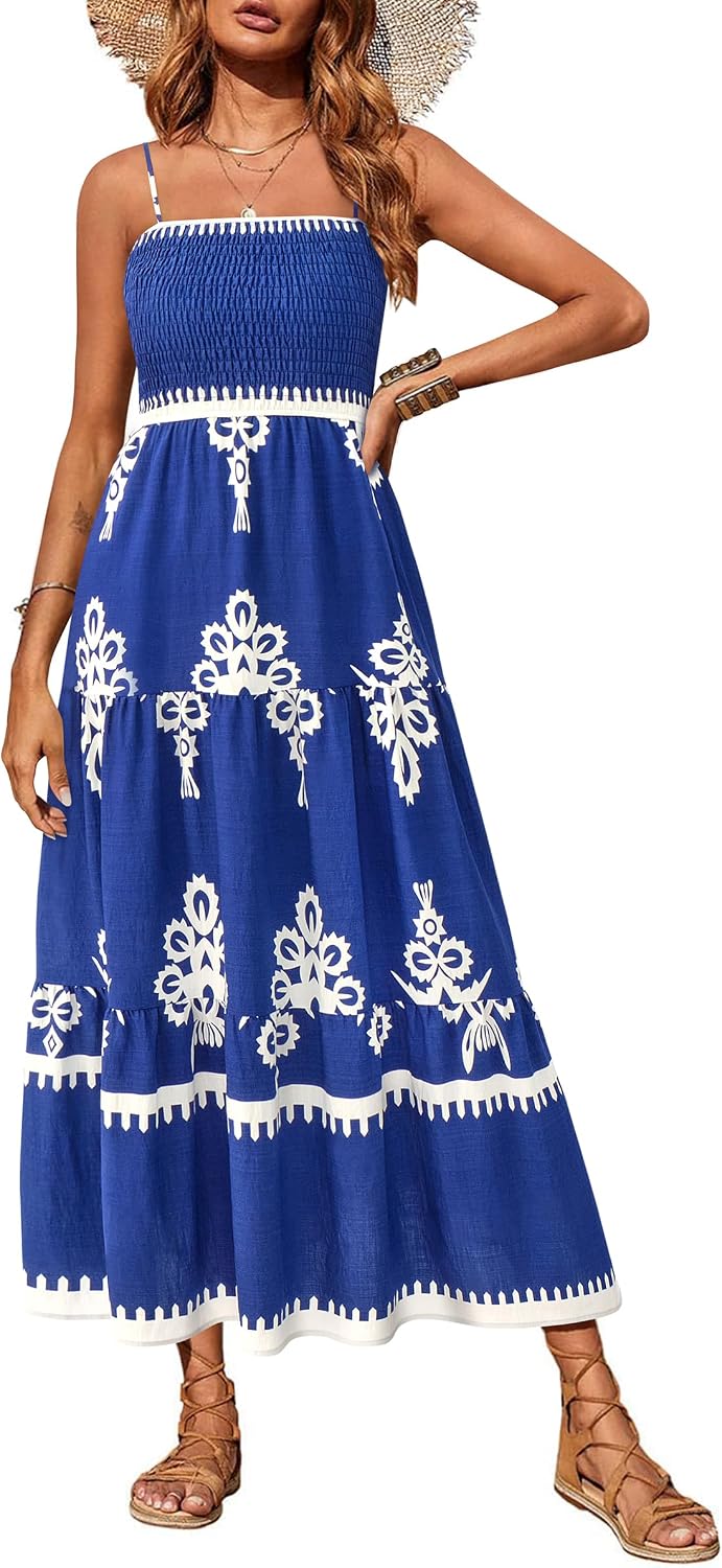 PRETTYGARDEN Women's Summer Maxi Dress 2026 Spaghetti Strap Sundresses | Boho Dress, Sleeveless, Smocked, Flowy Tiered A Line Long Dress, Beach Vacation, Party, Wedding Guest