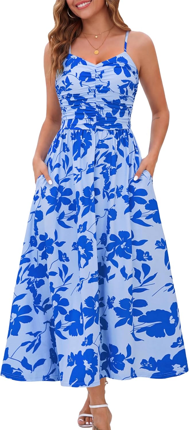 Annebouti Women's Summer Adjustable Spaghetti Strap Ruched Maxi Sun Dress | Dress with Pockets, Lined Bodice, Boho Floral Print, Perfect Summer Dress for Wedding Guest, Beach, Vacation, Resort Wear