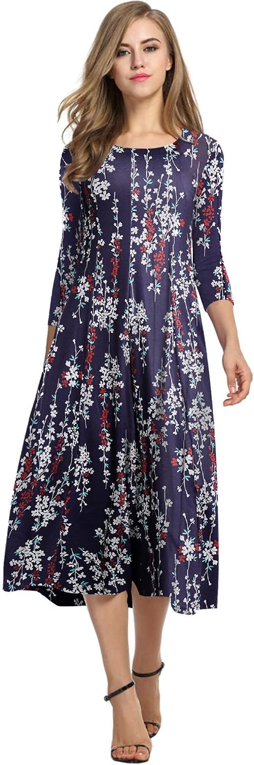 HOTOUCH Women's 3\/4 Sleeve A-line and Flare Midi Long Dress