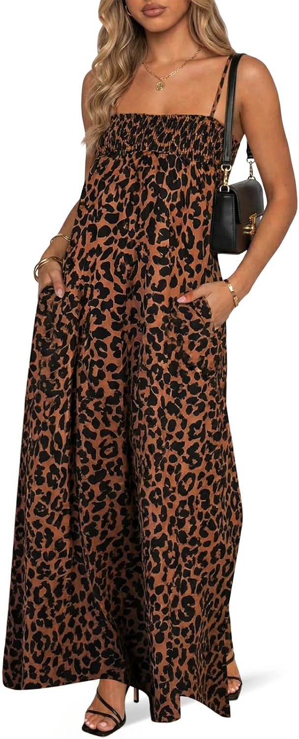 Wenrine Womens Polka Dot Maxi Dress Spaghetti Strap Long Summer Dresses | Polkadot, Sleeveless, Smocked, Loose Fit, Flowy, Long Beach Dress, Casual, Vacation