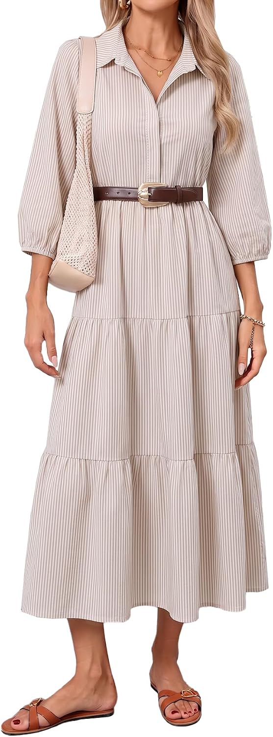 Women Button Down Maxi Shirt Dress Long Sleeve Flowy Tiered Collared Dresses with Pockets