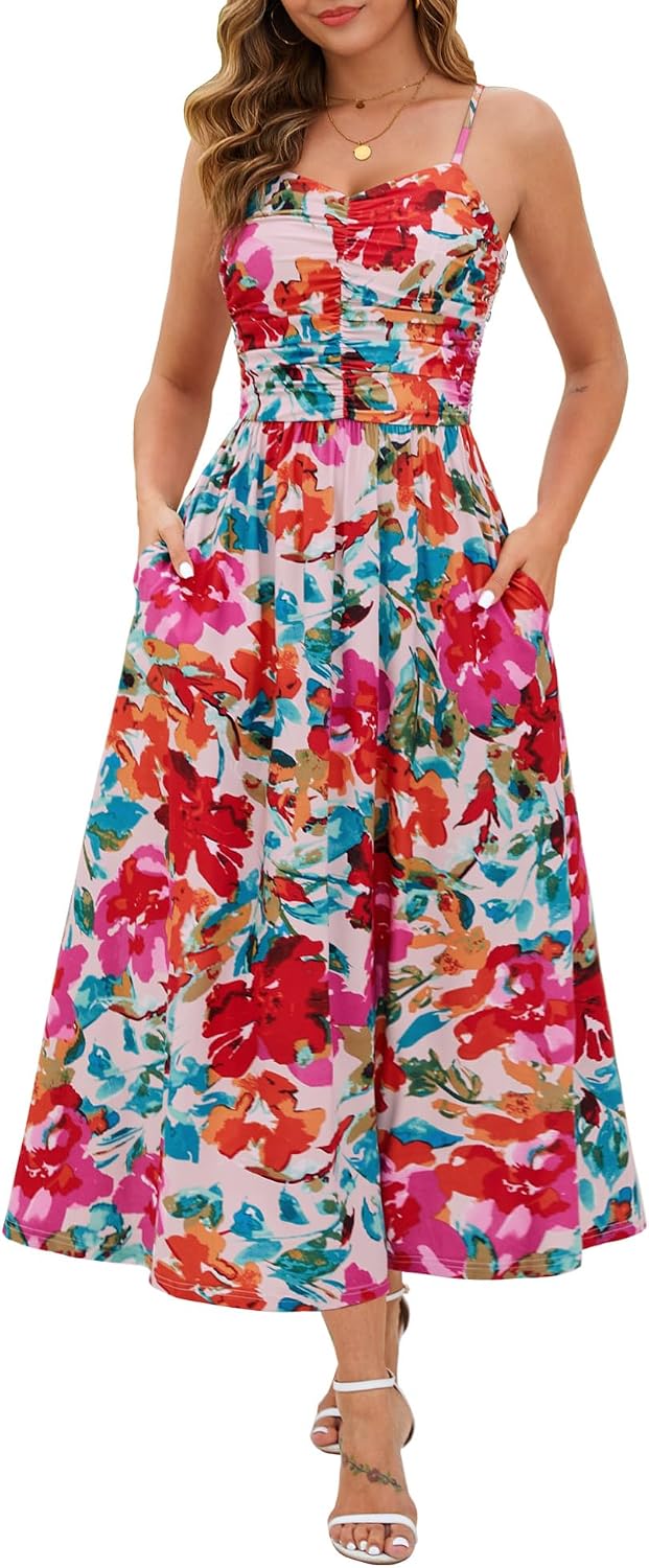 Annebouti Women's Summer Adjustable Spaghetti Strap Ruched Maxi Sun Dress | Dress with Pockets, Lined Bodice, Boho Floral Print, Perfect Summer Dress for Wedding Guest, Beach, Vacation, Resort Wear