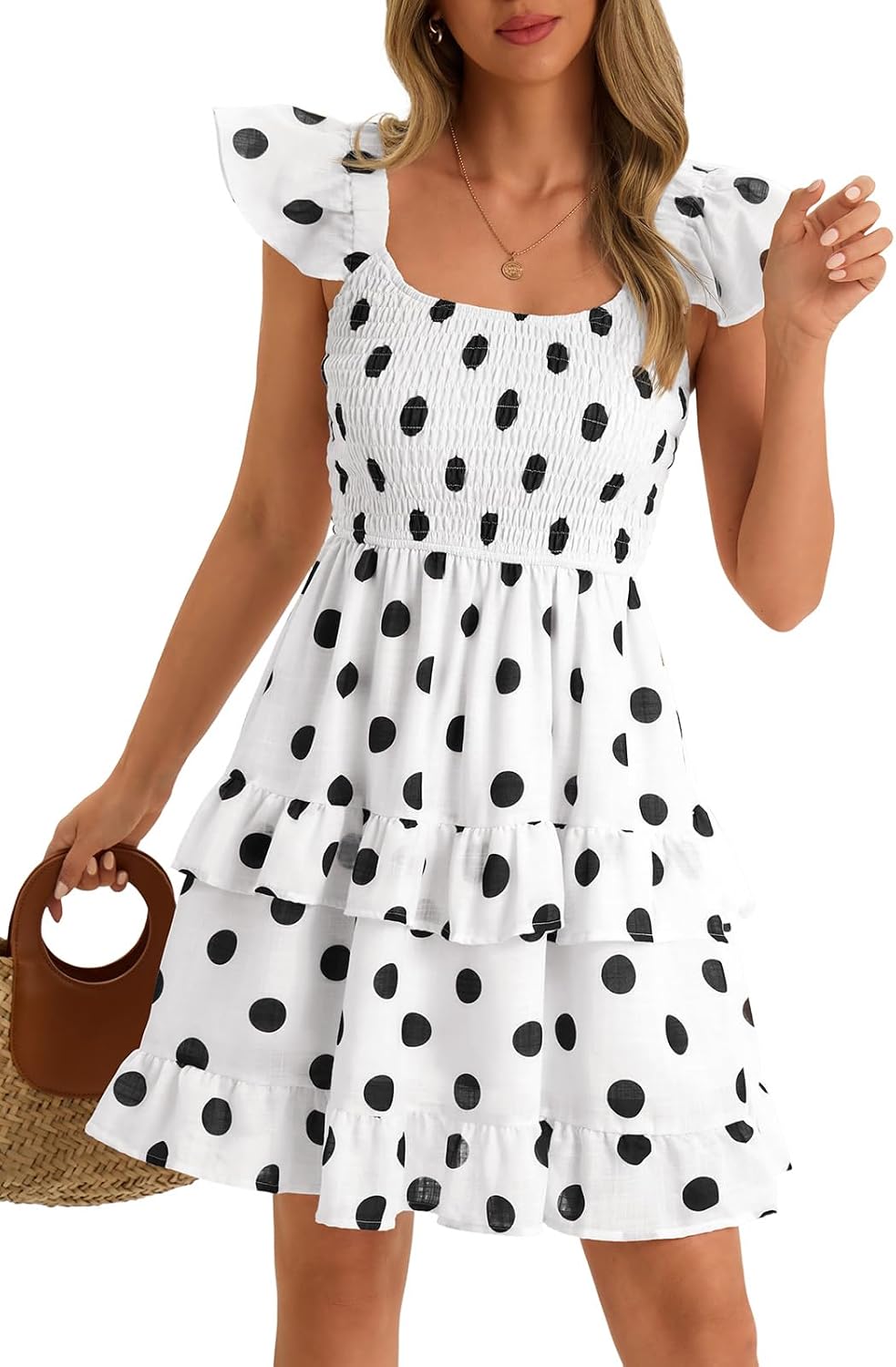 Womens Summer Sleeveless Backless Smocked Ruffle Babydoll Mini Sundress | Square Neck,Casual,Floral,Boho,Beach,Cute,Teen,Graduation,Homecoming,Layered,Flowy,Swing,Short Sundress