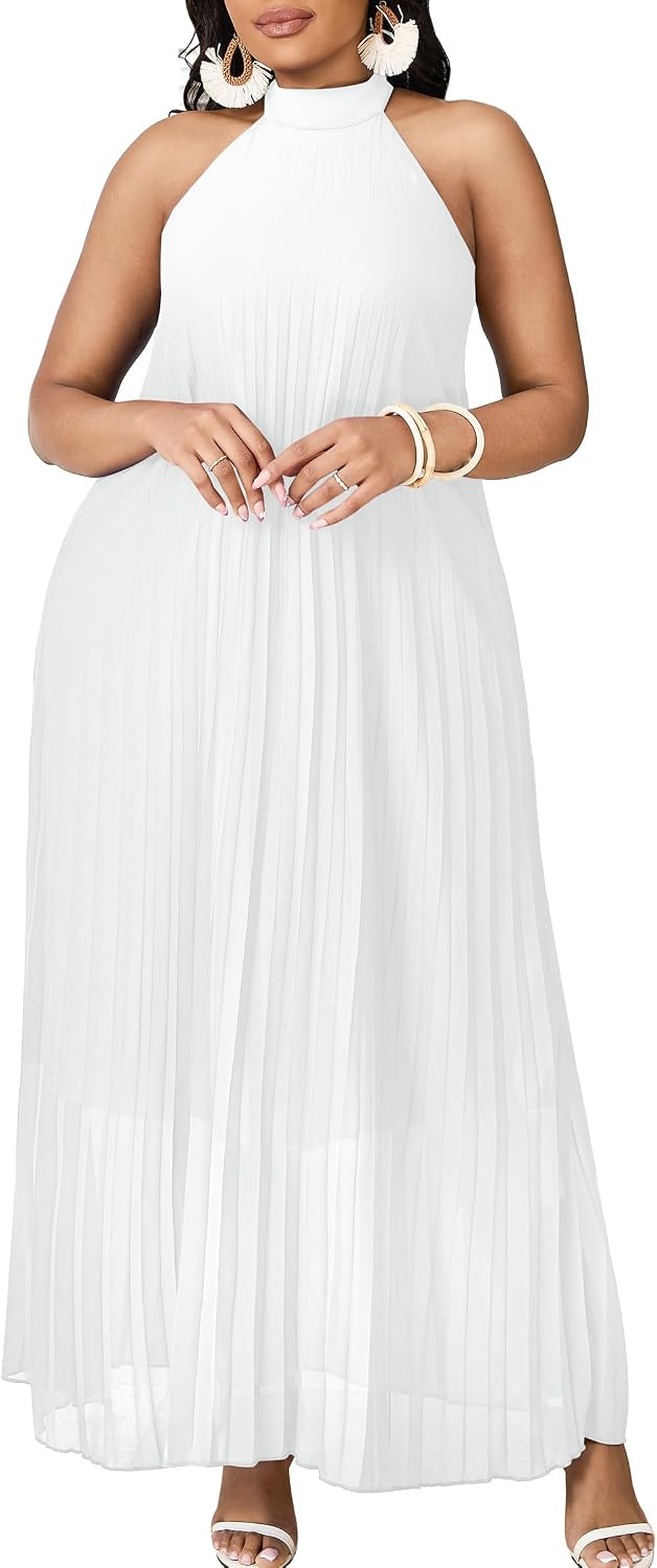 FANDEE Maxi Dress for Women Plus Size Casual Sleeveless Chiffon Halter Neck Pleated Loose Long Dresses