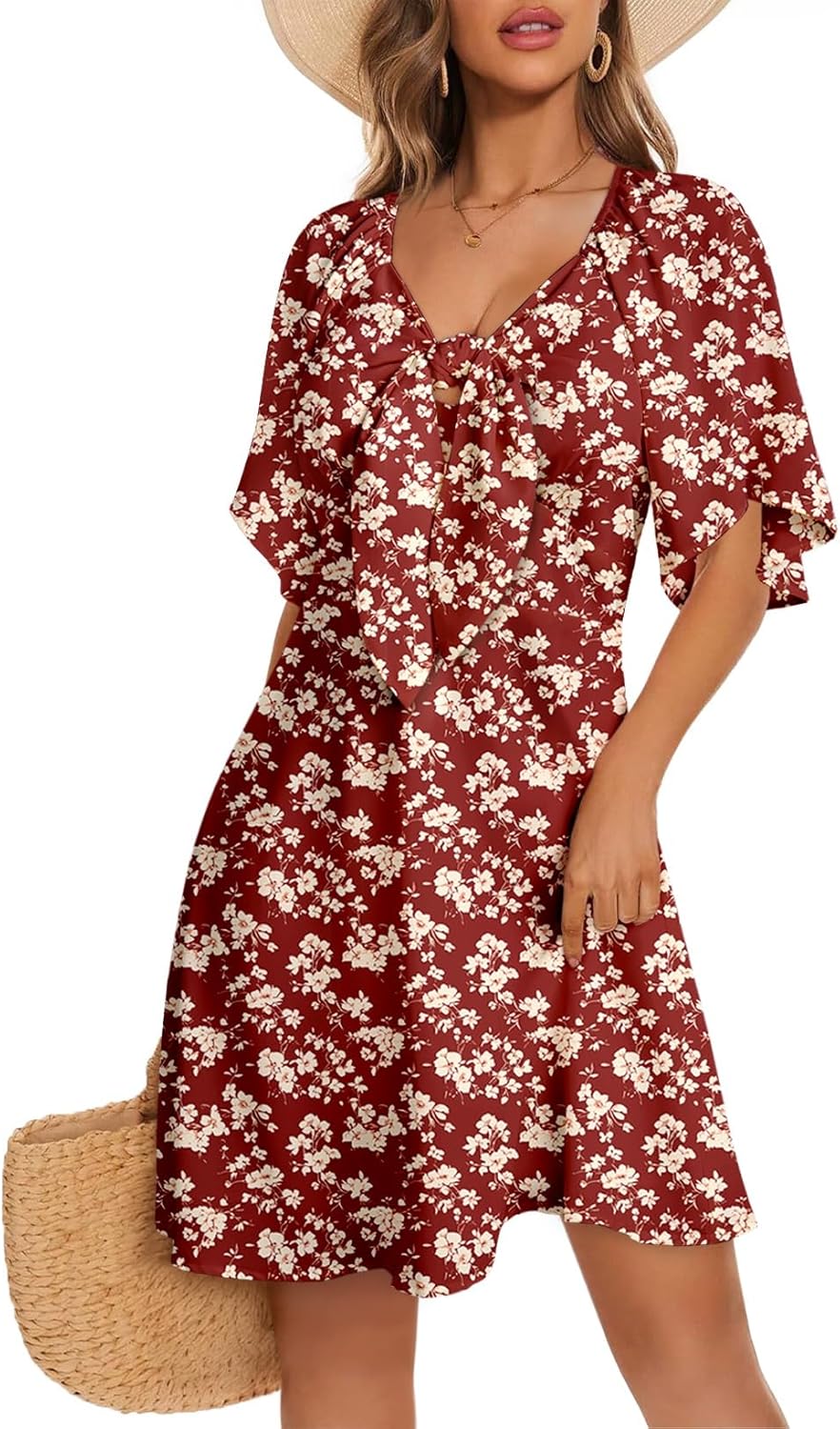 Dokotoo Womens Dresses 2026 Deep V Neck Elegant Bow tie Mini Dress S-XL | 2026 Summer Fall,Short Sleeve,V Neck,Graduation Party Dress,Elegant,Flowy Beach Vacation Wear,Casual Dress