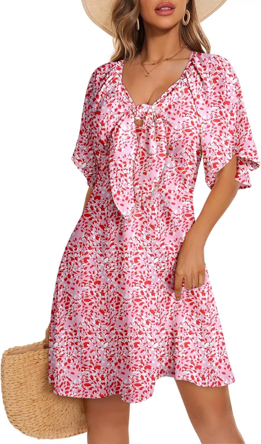 Dokotoo Womens Dresses 2026 Deep V Neck Elegant Bow tie Mini Dress S-XL | 2026 Summer Fall,Short Sleeve,V Neck,Graduation Party Dress,Elegant,Flowy Beach Vacation Wear,Casual Dress