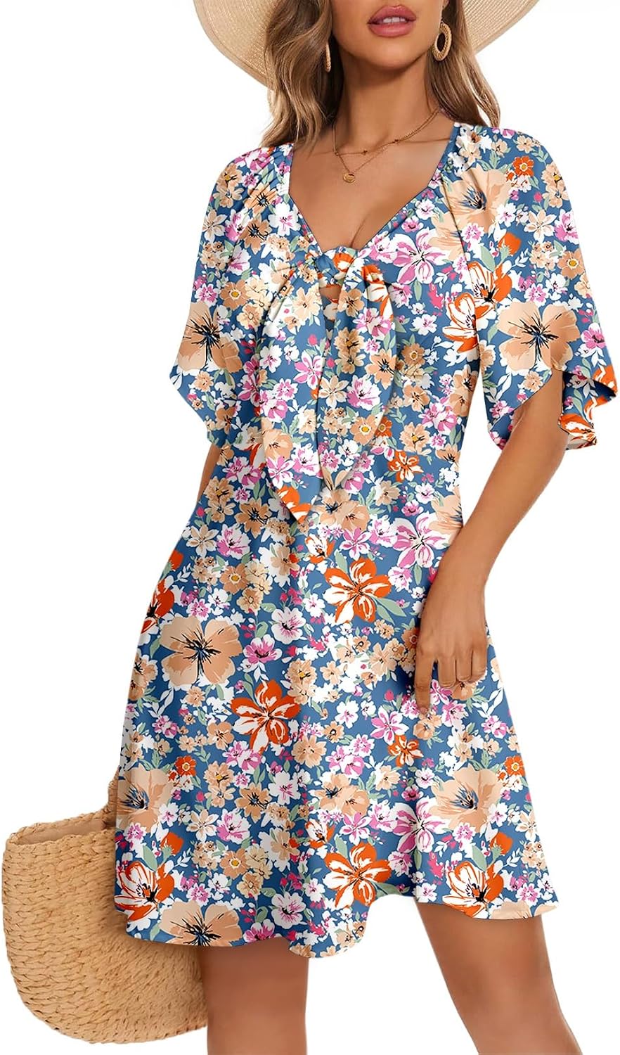 Dokotoo Womens Dresses 2026 Deep V Neck Elegant Bow tie Mini Dress S-XL | 2026 Summer Fall,Short Sleeve,V Neck,Graduation Party Dress,Elegant,Flowy Beach Vacation Wear,Casual Dress