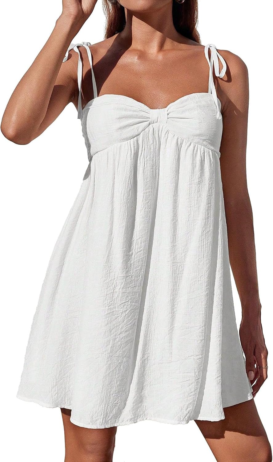 Fhykiss Women's Spaghetti Strap Summer Mini Dresses Flowy Casual Cute Babydoll Dress Knot Tie Shoulder Adjustable Sundress