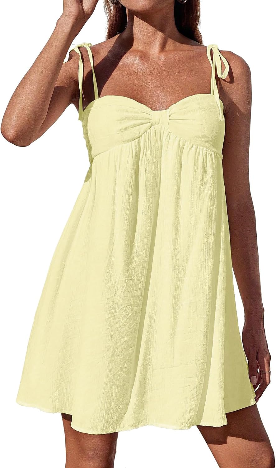 Fhykiss Women's Spaghetti Strap Summer Mini Dresses Flowy Casual Cute Babydoll Dress Knot Tie Shoulder Adjustable Sundress