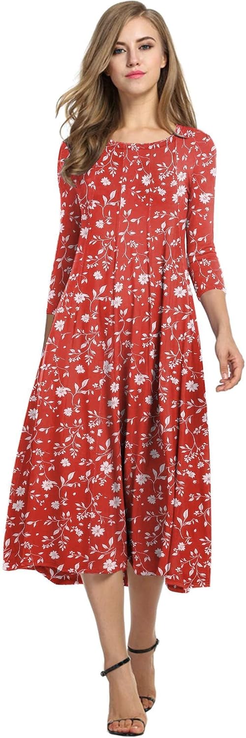 HOTOUCH Women's 3\/4 Sleeve A-line and Flare Midi Long Dress