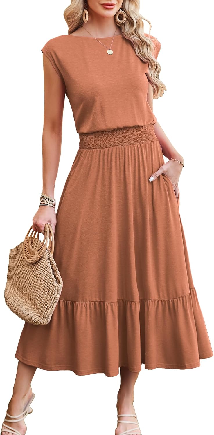 Kikibell Womens Summer Dresses Cap Sleeve Elastic Waist Midi Dress with Pocket Long Causal Sundress Beach Vacation Outfits