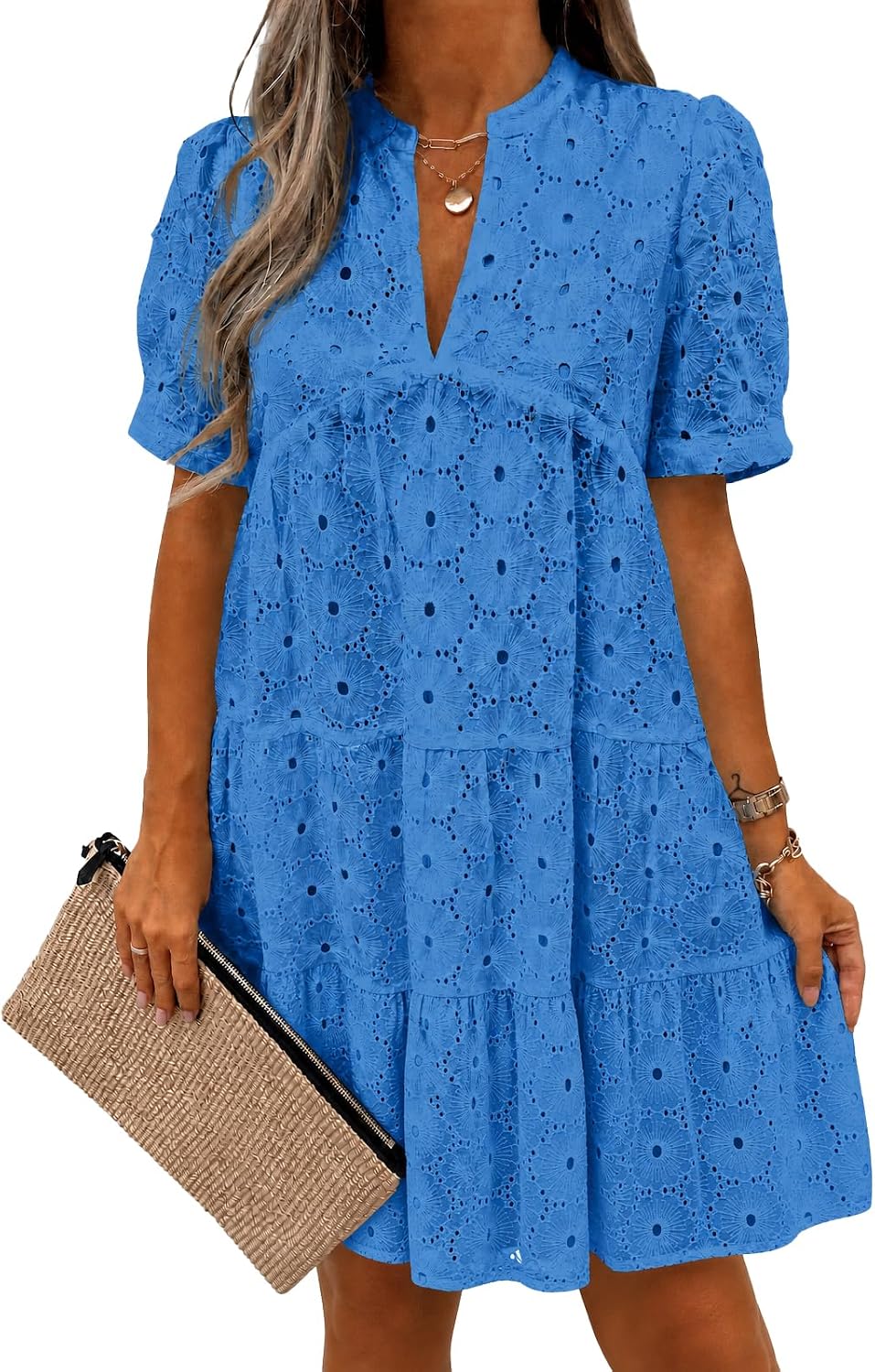 Imily Bela Womens Summer Lace Dresses Eyelet Casual Flowy Babydoll Dress | Swing, Short Sleeve, V Neck, Tunic Dress,Mini,Beach,Vacation,Party,Outdoor,Boho,Loose,Ruffle Hem,Short Puff Sleeve