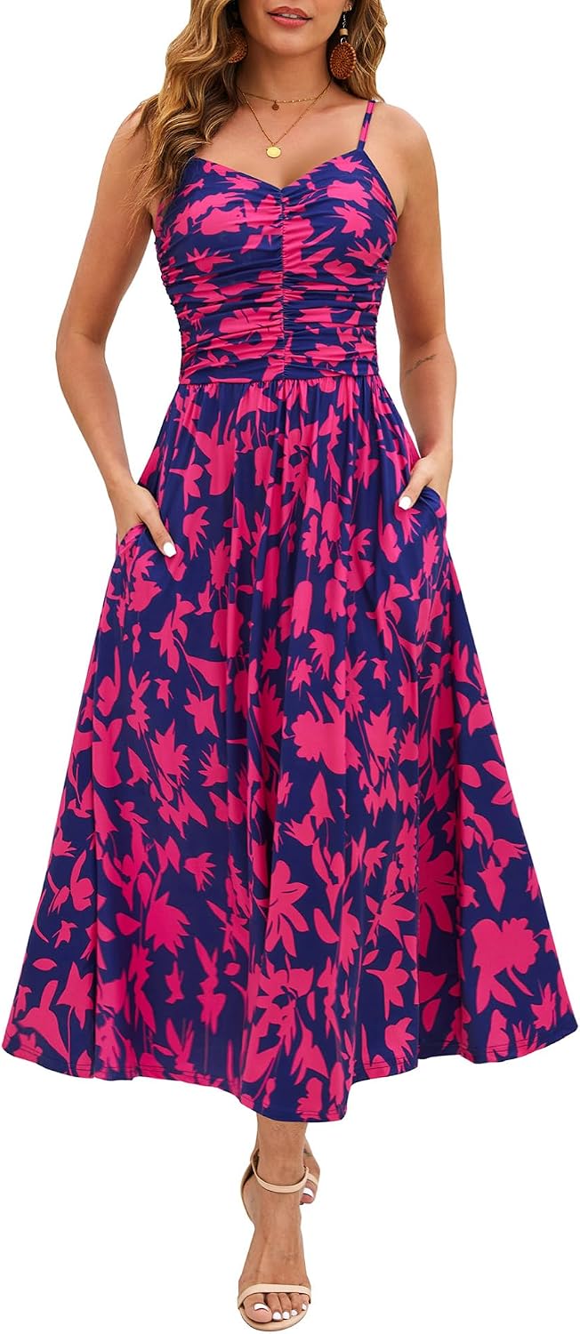 Annebouti Women's Summer Adjustable Spaghetti Strap Ruched Maxi Sun Dress | Dress with Pockets, Lined Bodice, Boho Floral Print, Perfect Summer Dress for Wedding Guest, Beach, Vacation, Resort Wear