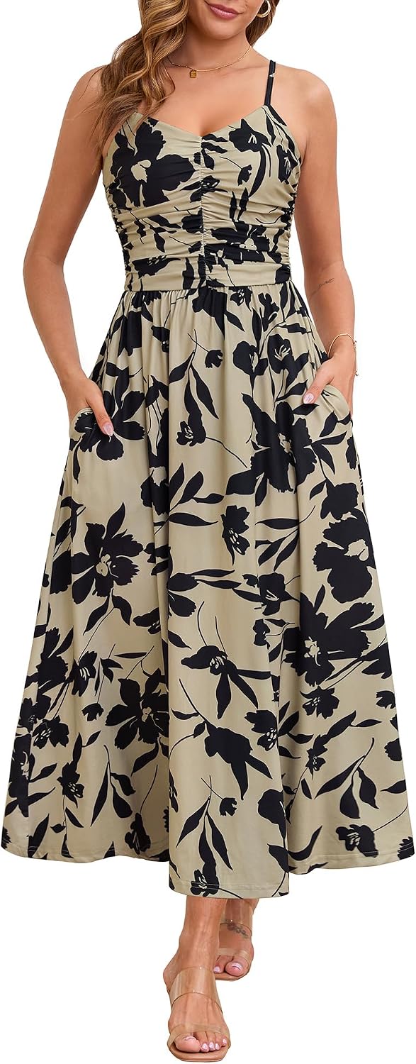 Annebouti Women's Summer Adjustable Spaghetti Strap Ruched Maxi Sun Dress | Dress with Pockets, Lined Bodice, Boho Floral Print, Perfect Summer Dress for Wedding Guest, Beach, Vacation, Resort Wear