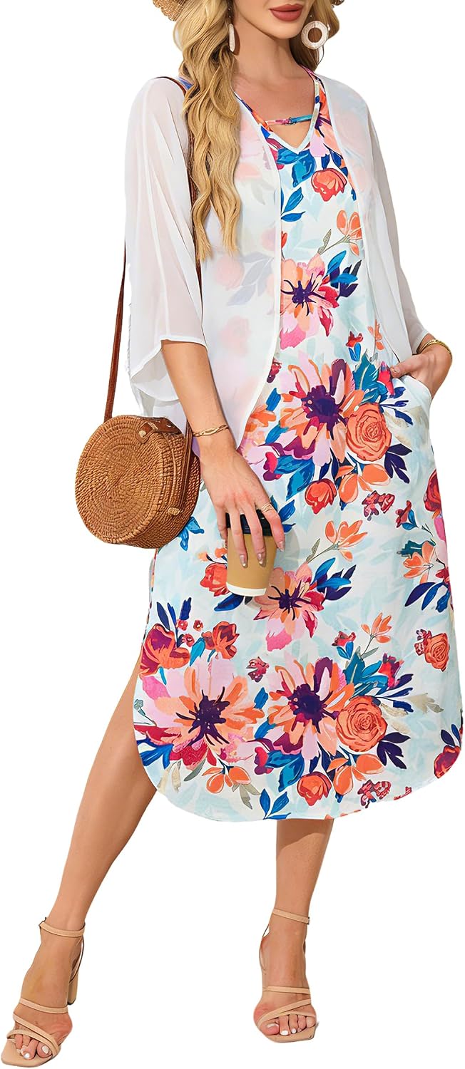 Honwenle Women's 2026 Summer Maxi Dress 2 Piece Loose Split Outfit | Sleeveless,with Cover up,Floral Sundress,V-neck,Casual,Beach Vacations,Wedding Guest