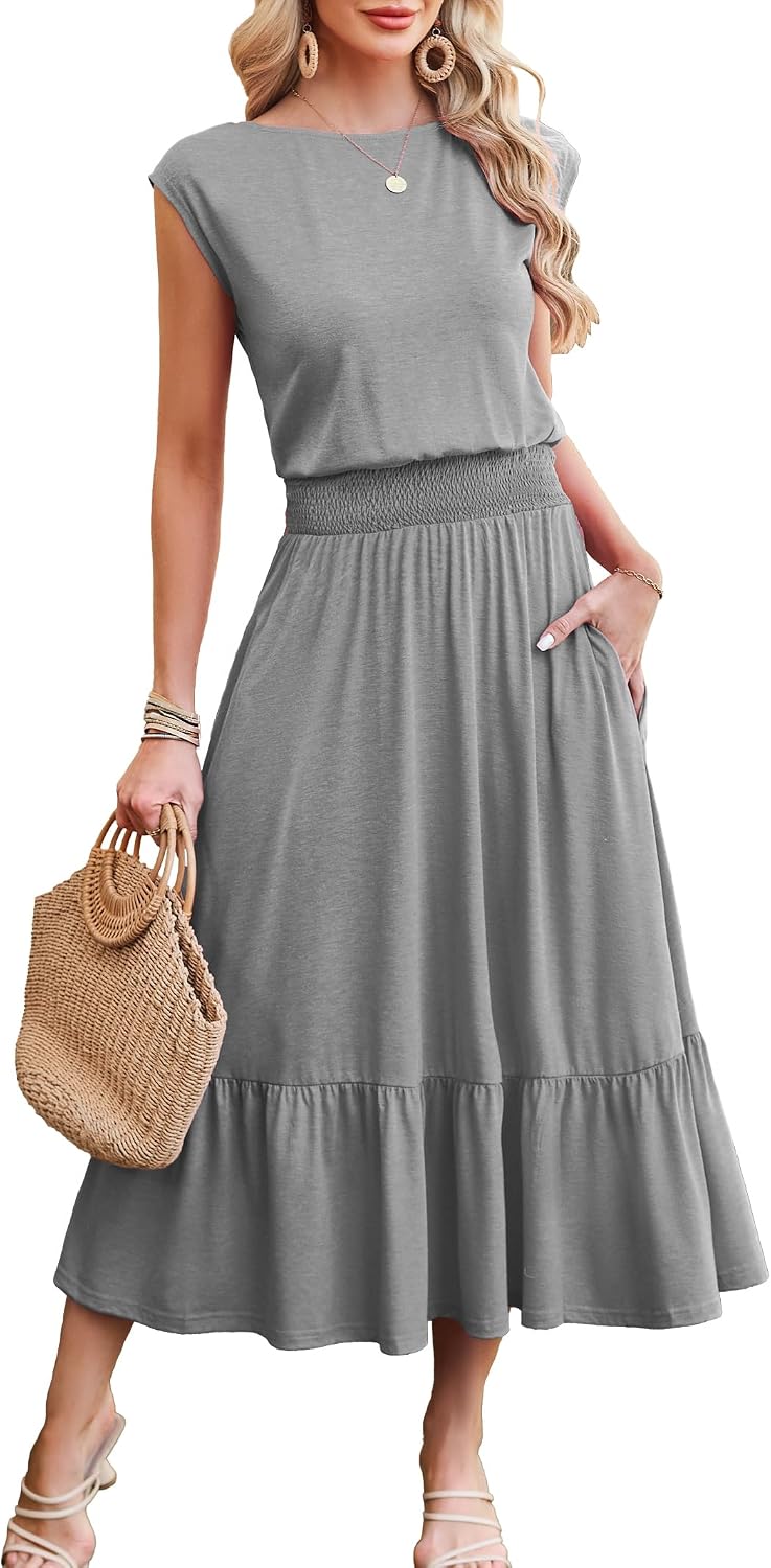 Kikibell Womens Summer Dresses Cap Sleeve Elastic Waist Midi Dress with Pocket Long Causal Sundress Beach Vacation Outfits