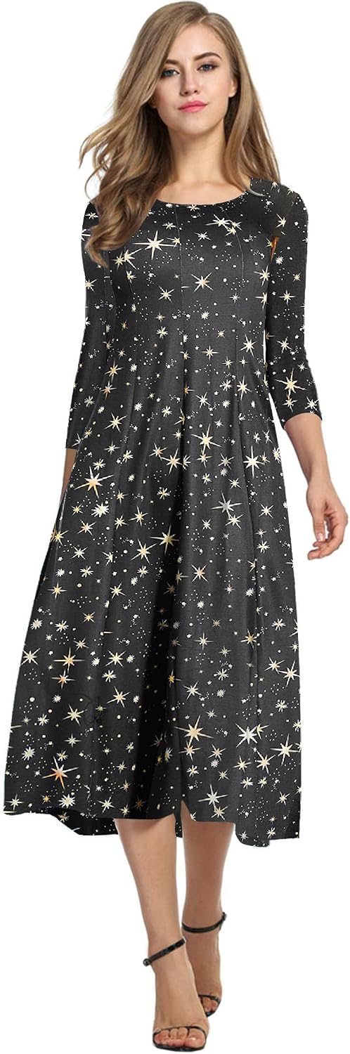 HOTOUCH Women's 3\/4 Sleeve A-line and Flare Midi Long Dress