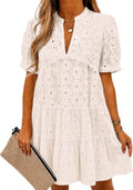 Imily Bela Womens Summer Lace Dresses Eyelet Casual Flowy Babydoll Dress | Swing, Short Sleeve, V Neck, Tunic Dress,Mini,Beach,Vacation,Party,Outdoor,Boho,Loose,Ruffle Hem,Short Puff Sleeve