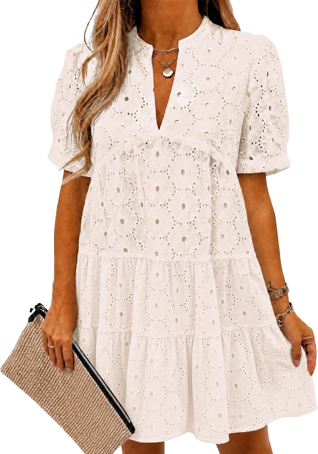 Imily Bela Womens Summer Lace Dresses Eyelet Casual Flowy Babydoll Dress | Swing, Short Sleeve, V Neck, Tunic Dress,Mini,Beach,Vacation,Party,Outdoor,Boho,Loose,Ruffle Hem,Short Puff Sleeve