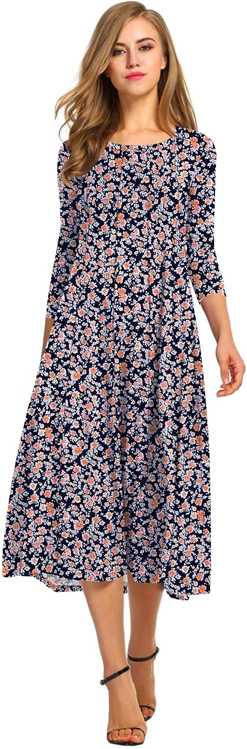 HOTOUCH Women's 3\/4 Sleeve A-line and Flare Midi Long Dress