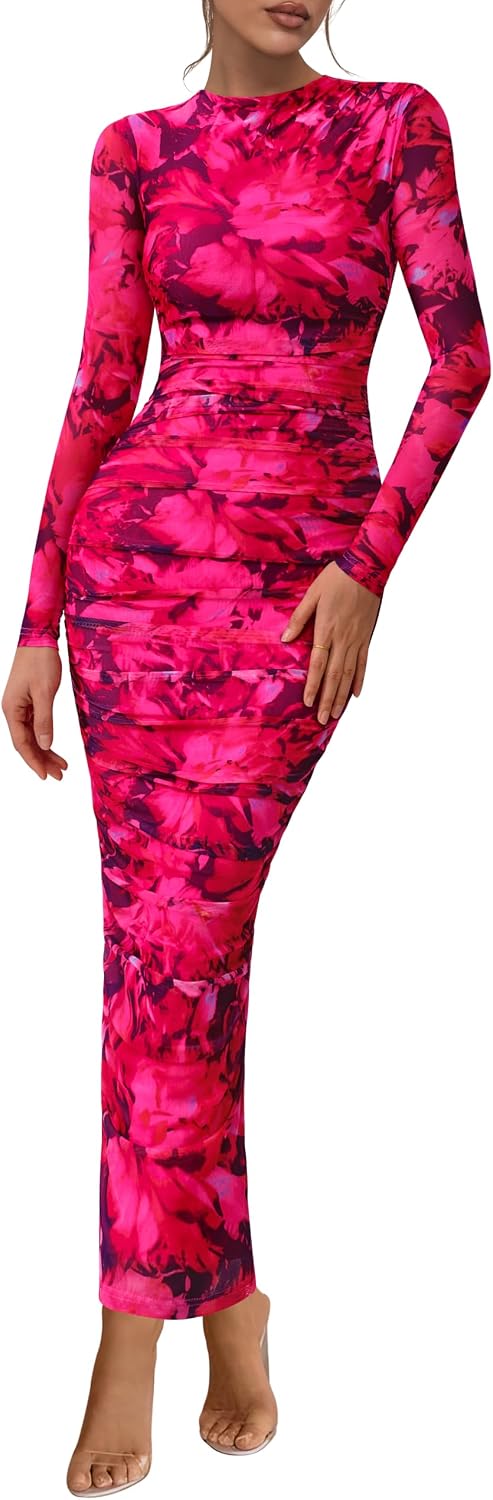PRETTYGARDEN Long Sleeve Maxi Dresses for Women Wedding Guest Fall Outfits | Ruched Bodycon Dress Long, Floral Mesh, Date Night, Formal Cocktail Party, Homecoming Holiday Dresses