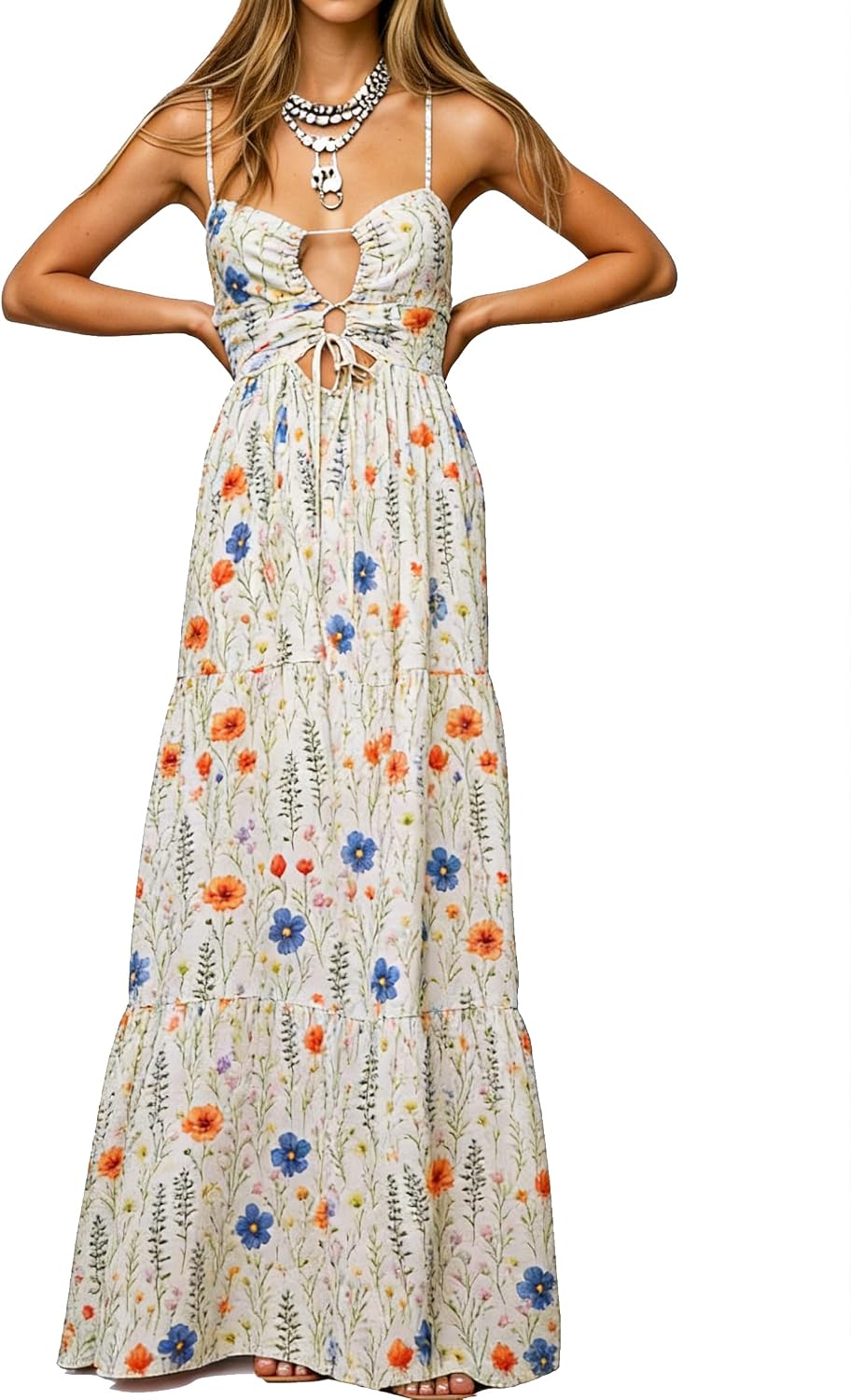 Womens Summer Floral Spaghetti Strap Backless Low Cut Smocked Milkmaid Flowy Beach Sundresses