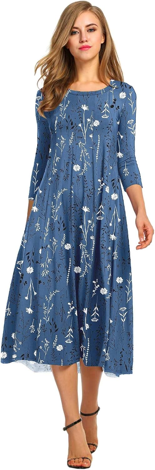 HOTOUCH Women's 3\/4 Sleeve A-line and Flare Midi Long Dress