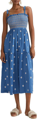 ABYOVRT Women Floral Embroidered Maxi Dress Sleeveless Tie Shoulder Smocked Flowy Dress Boho Summer Sundresses with Pockets