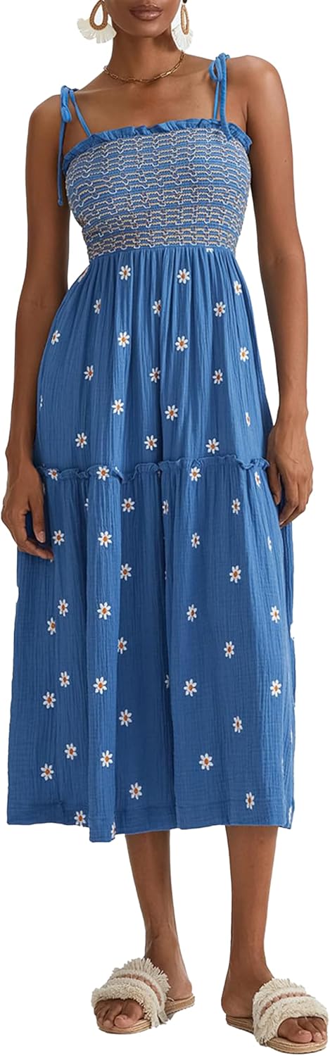 ABYOVRT Women Floral Embroidered Maxi Dress Sleeveless Tie Shoulder Smocked Flowy Dress Boho Summer Sundresses with Pockets