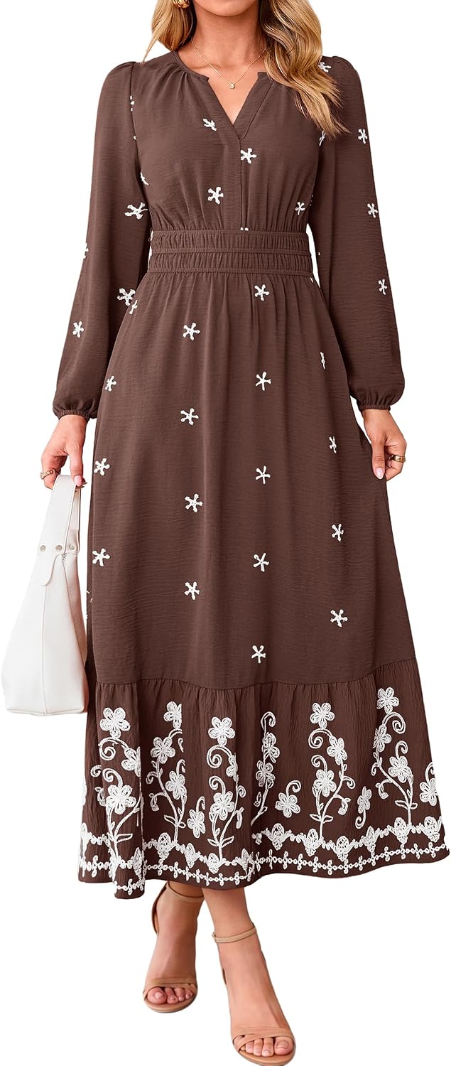 Simplee Floral Maxi Fall Womens Dress Long Sleeve Elegant Church Dresses | Wedding Guest Flowy, Romantic A-line Embroidery, Smocked Waist Garden Party, Casual Holiday Dinner Photo Shoot