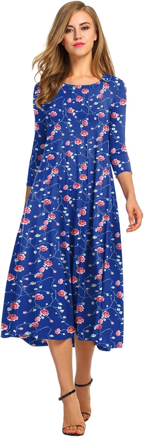 HOTOUCH Women's 3\/4 Sleeve A-line and Flare Midi Long Dress