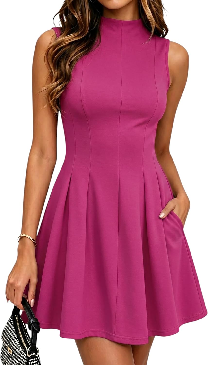 MTGGD Women Sleeveless Graduation Cocktail A Line Short Dress with Pockets | Mock Neck,Fit and Flare,Birthday,Party,Homecoming,Back to School,Club,Date,Business Casual Work Dress,Fashion,Trendy