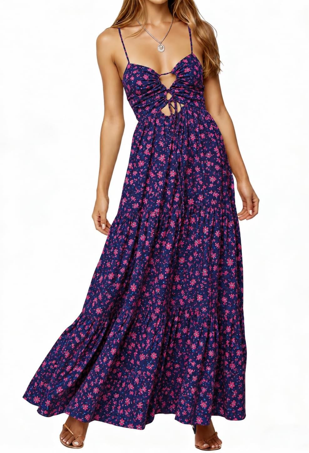 Womens Summer Floral Spaghetti Strap Backless Low Cut Smocked Milkmaid Flowy Beach Sundresses