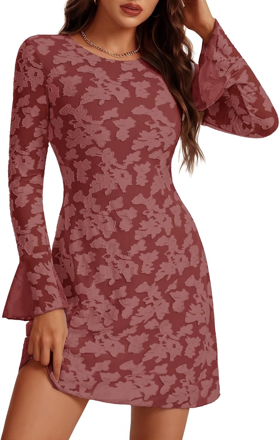 Bbonlinedress Women Long Sleeve Mesh Mini Wedding Guest Cocktail Dress | Homecoming, Going Out, Date Night, Club, Prom Fall Dress With Long Sleeve for Teens Juniors