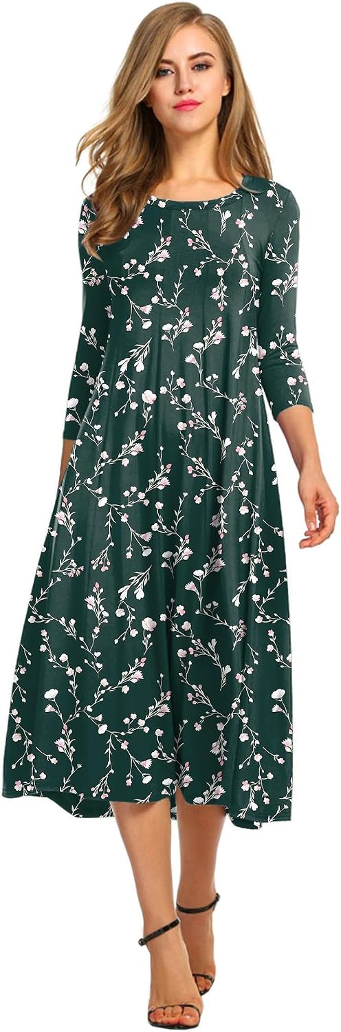 HOTOUCH Women's 3\/4 Sleeve A-line and Flare Midi Long Dress