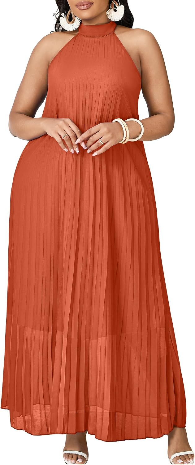 FANDEE Maxi Dress for Women Plus Size Casual Sleeveless Chiffon Halter Neck Pleated Loose Long Dresses
