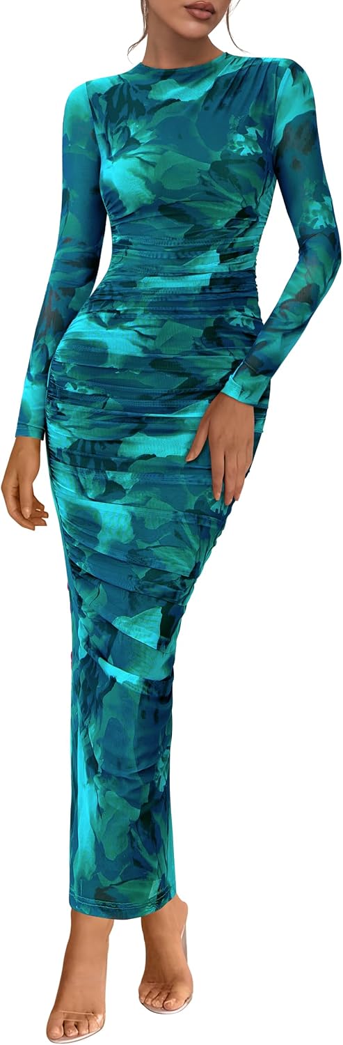 PRETTYGARDEN Long Sleeve Maxi Dresses for Women Wedding Guest Fall Outfits | Ruched Bodycon Dress Long, Floral Mesh, Date Night, Formal Cocktail Party, Homecoming Holiday Dresses