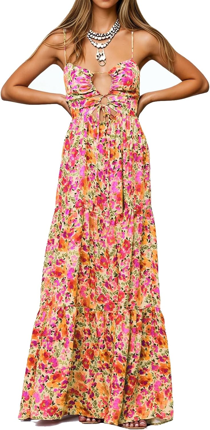 Womens Summer Floral Spaghetti Strap Backless Low Cut Smocked Milkmaid Flowy Beach Sundresses