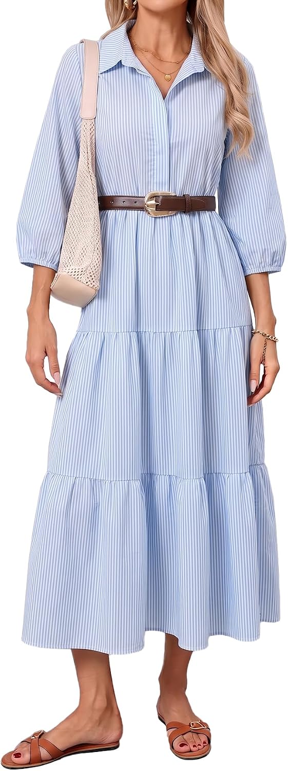 Women Button Down Maxi Shirt Dress Long Sleeve Flowy Tiered Collared Dresses with Pockets