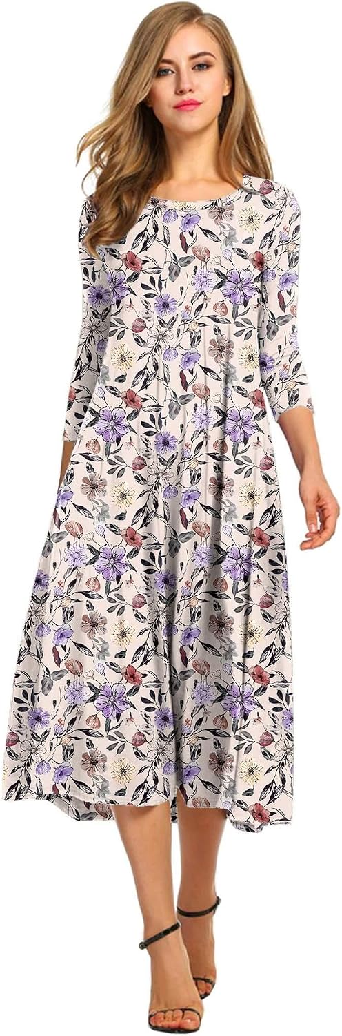 HOTOUCH Women's 3\/4 Sleeve A-line and Flare Midi Long Dress