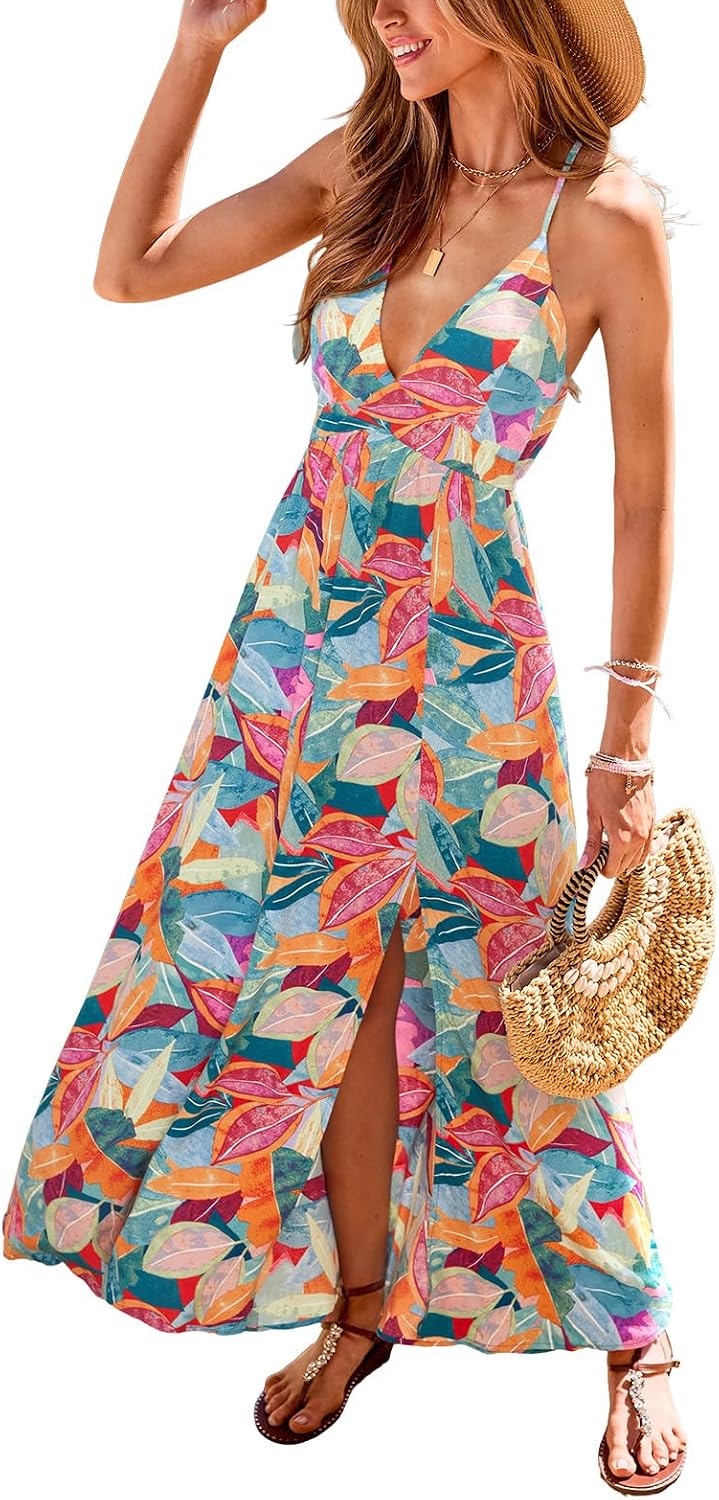 CUPSHE Women's Boho Paisley Tropical Deep V-Neck High Slit Maxi Dress | Adjustable Criss-Cross Straps, Open Back, Empire Waist Flowy A-Line Long Sundress, For Summer Beach Vacation, Resort Wear