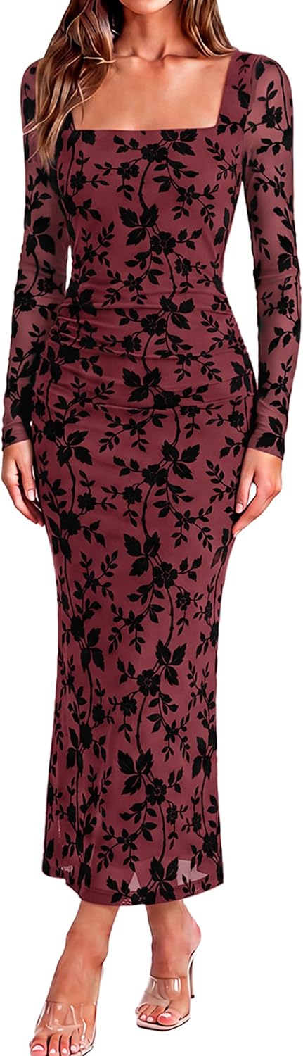 BerryGo Womens Floral Print Mesh Midi Dress Square Neck Long Sleeve Bodycon Ruched Fall Cocktail Party Wedding Guest Dresses
