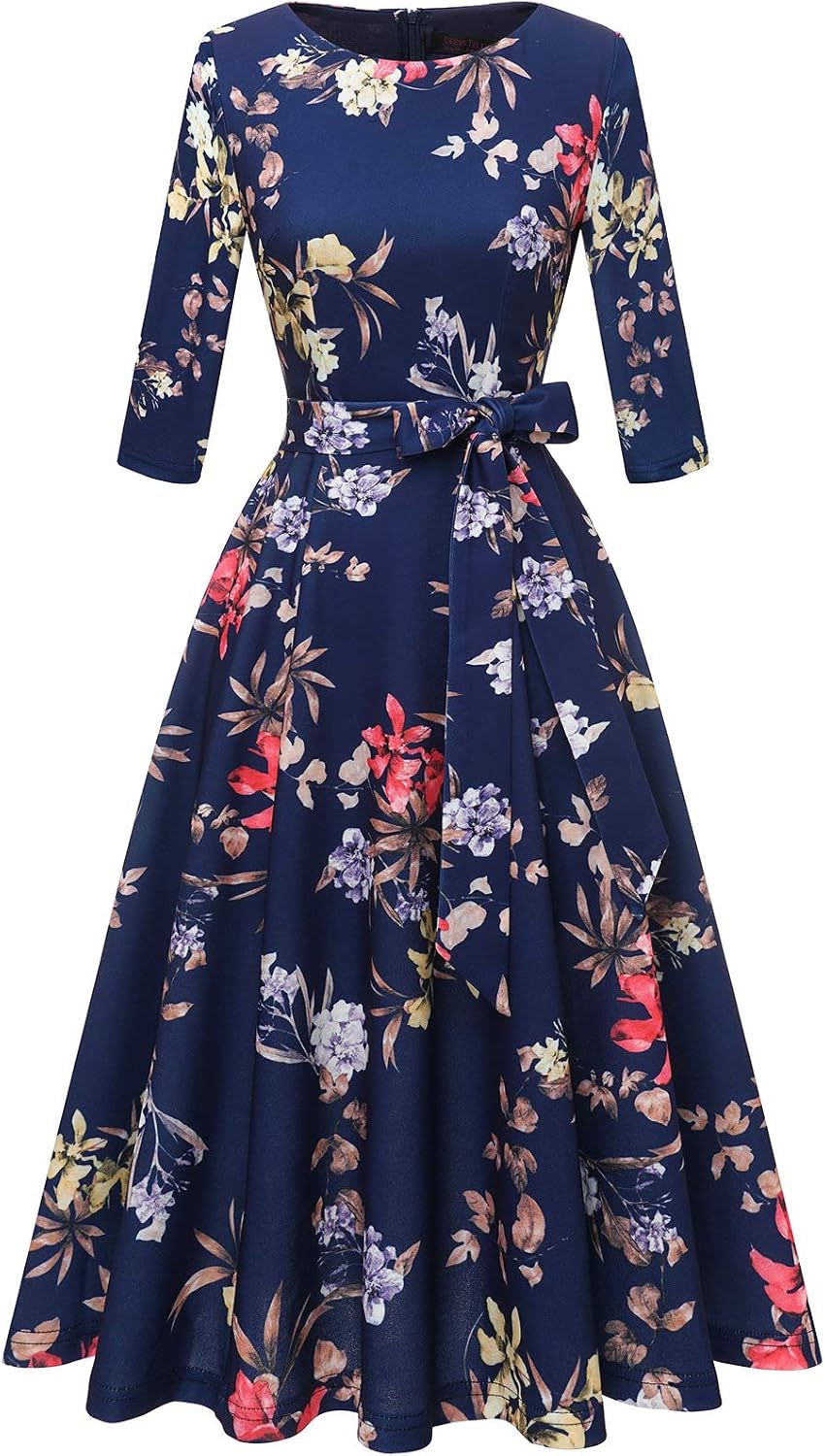 DRESSTELLS Cocktail Dresses for Women, Vintage Wedding Guest Church Dress | 3\/4 Sleeves, A-line, Mid Calf, Detachable Belt, Ideal for Formal Tea Party