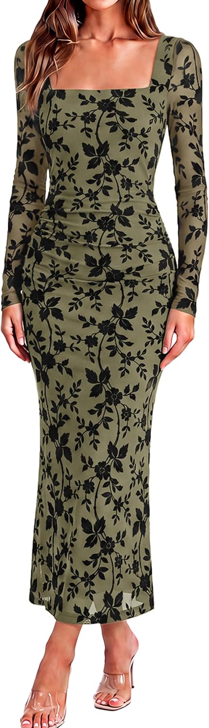 BerryGo Womens Floral Print Mesh Midi Dress Square Neck Long Sleeve Bodycon Ruched Fall Cocktail Party Wedding Guest Dresses