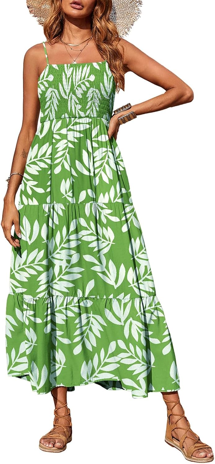 PRETTYGARDEN Women's Summer Maxi Dress 2026 Spaghetti Strap Sundresses | Boho Dress, Sleeveless, Smocked, Flowy Tiered A Line Long Dress, Beach Vacation, Party, Wedding Guest