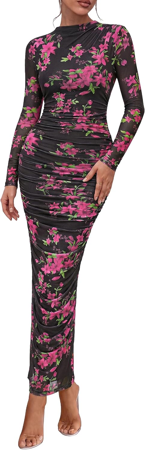 PRETTYGARDEN Long Sleeve Maxi Dresses for Women Wedding Guest Fall Outfits | Ruched Bodycon Dress Long, Floral Mesh, Date Night, Formal Cocktail Party, Homecoming Holiday Dresses