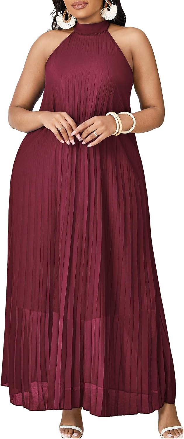 FANDEE Maxi Dress for Women Plus Size Casual Sleeveless Chiffon Halter Neck Pleated Loose Long Dresses