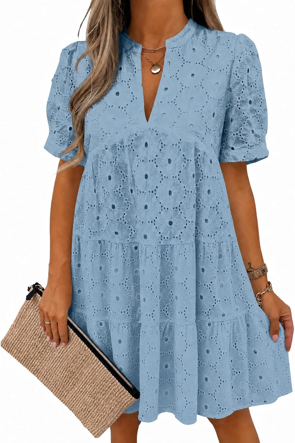 Imily Bela Womens Summer Lace Dresses Eyelet Casual Flowy Babydoll Dress | Swing, Short Sleeve, V Neck, Tunic Dress,Mini,Beach,Vacation,Party,Outdoor,Boho,Loose,Ruffle Hem,Short Puff Sleeve
